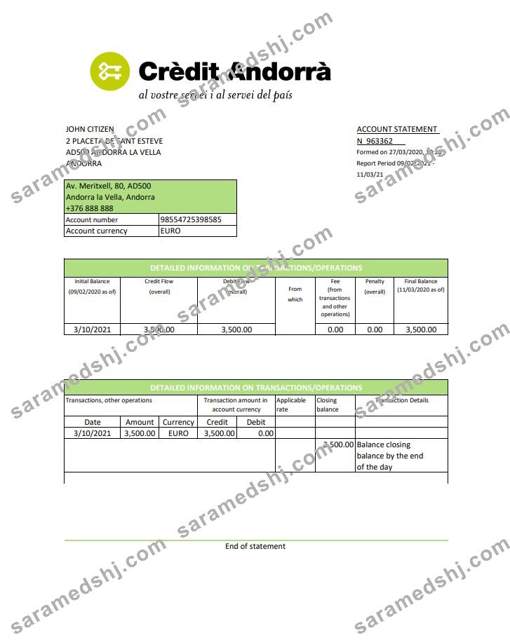 Andorra Credit Andorra bank statement template in Excel and PDF format